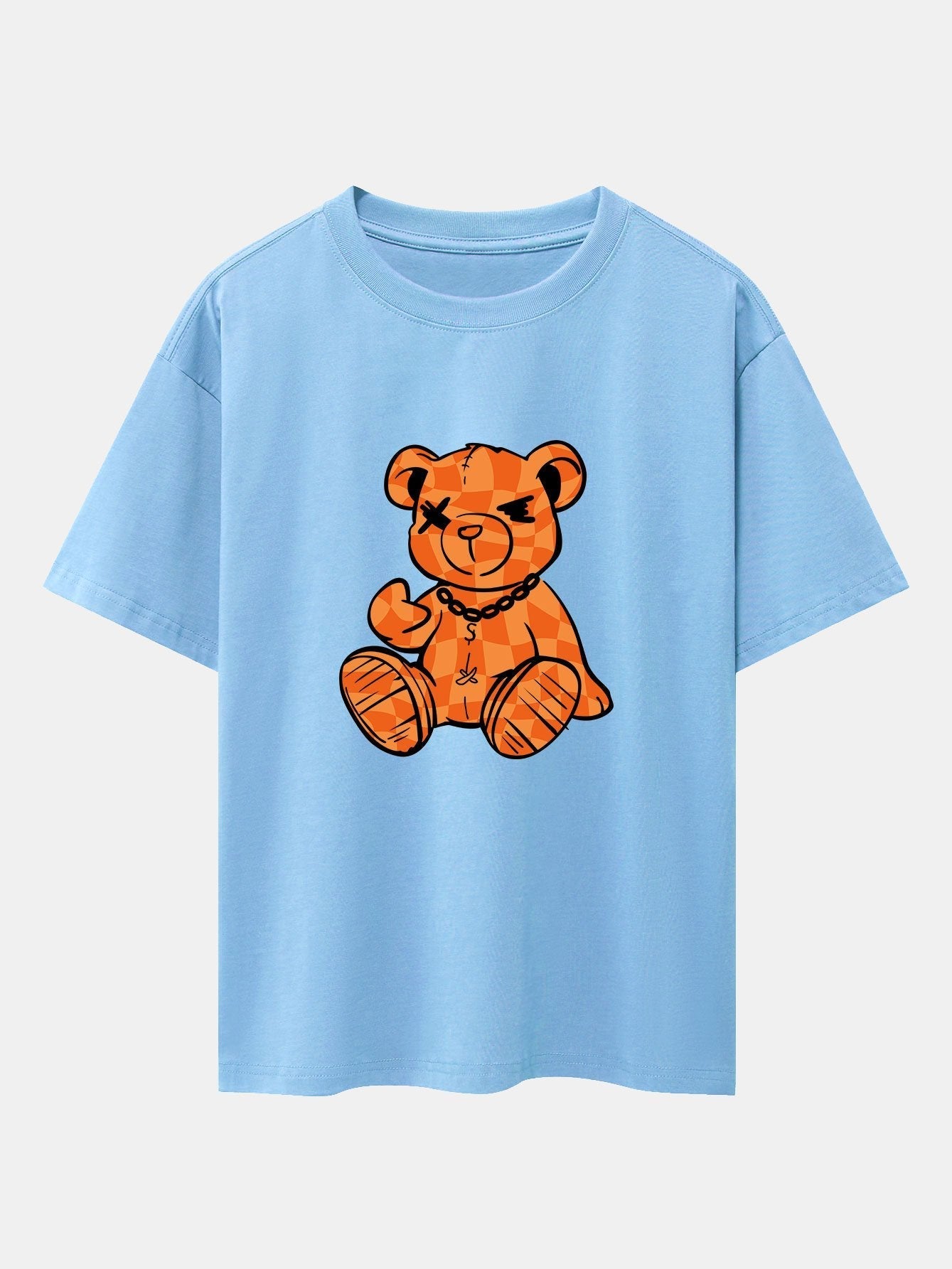 Orange Stitching Bear Print Drop Shoulder Oversize T-Shirt
