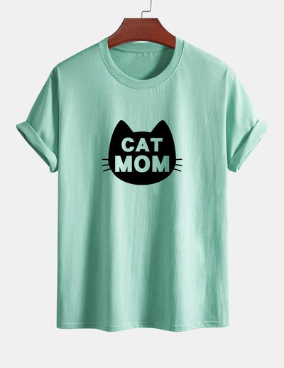 Regular Fit Cat Mom Print Cotton T-Shirt