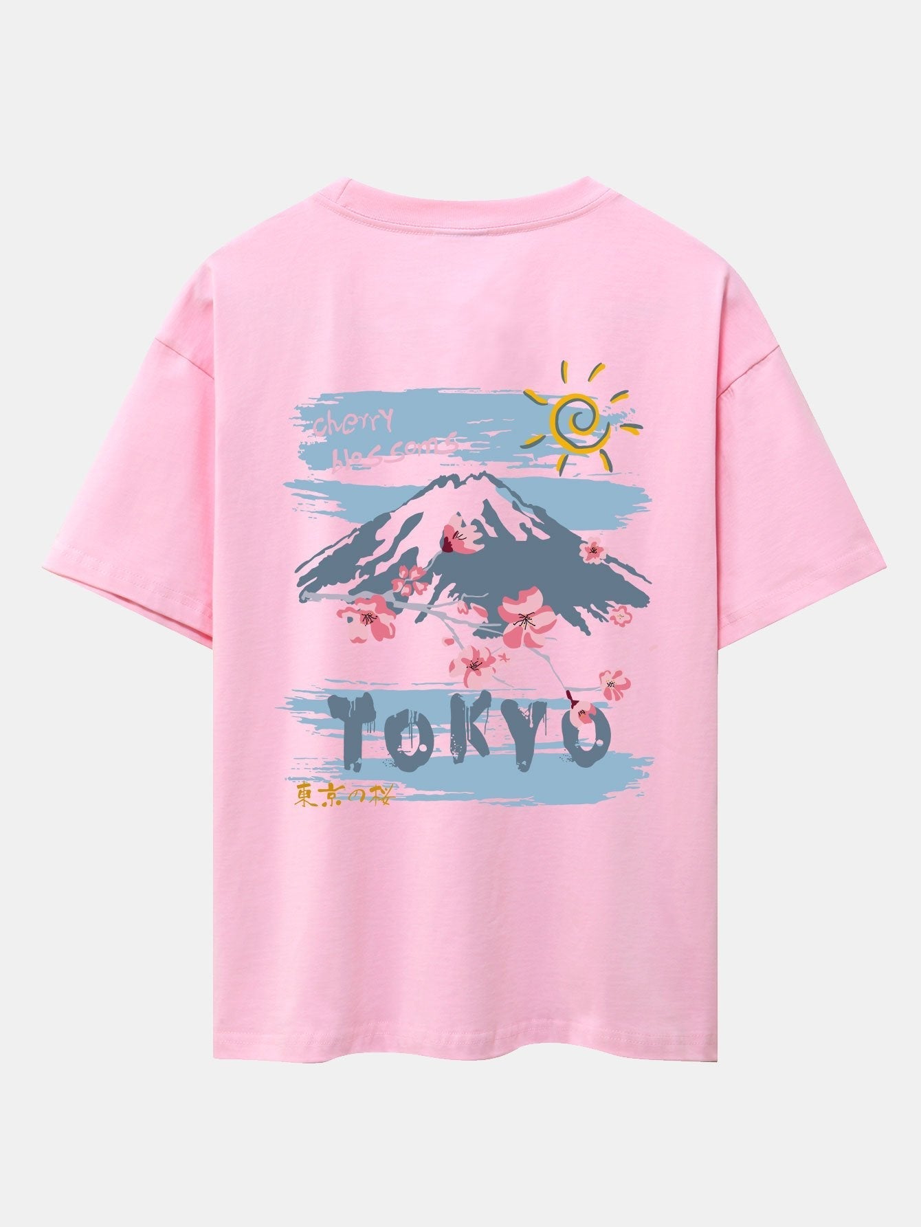 Mountain Cherry Blossoms Back Print Oversize T-Shirt