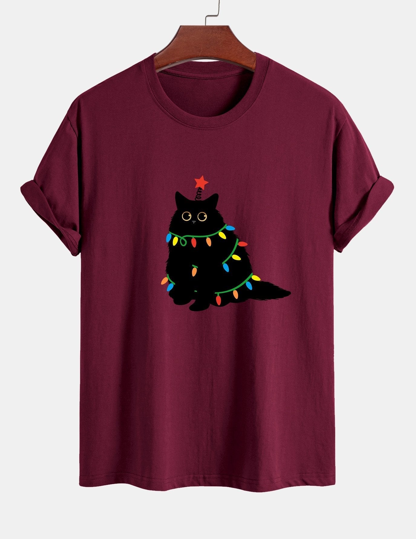 Regular Fit Colorful Light Black Cat Print Cotton T-Shirt