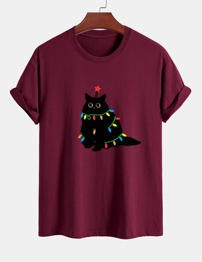 Regular Fit Colorful Light Black Cat Print Cotton T-Shirt