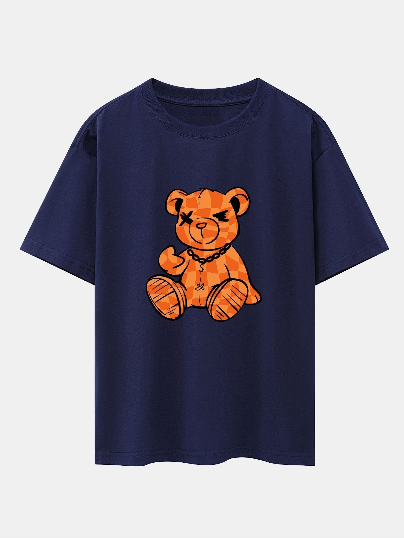Orange Stitching Bear Print Drop Shoulder Oversize T-Shirt