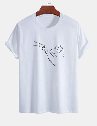Regular Fit Dog Line Drawing Print Cotton T-Shirt