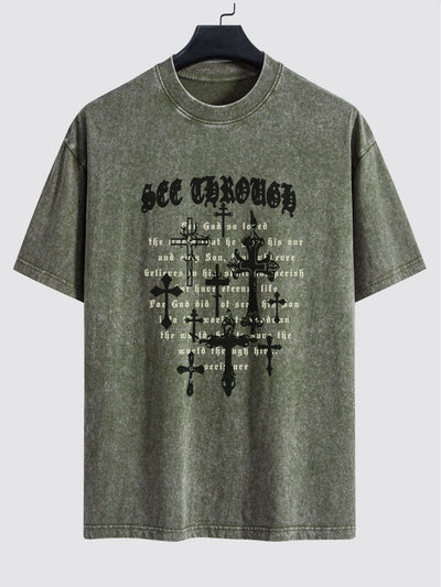 Cross Slogan Print Washed Distressed Drop Shoulder T-Shirt