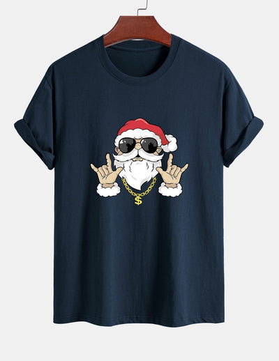 Regular Fit Hip Hop Santa Print Cotton T-Shirt