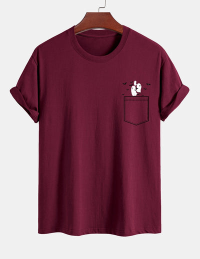 Regular Fit Pocket Bat Ghost Print Cotton T-Shirt