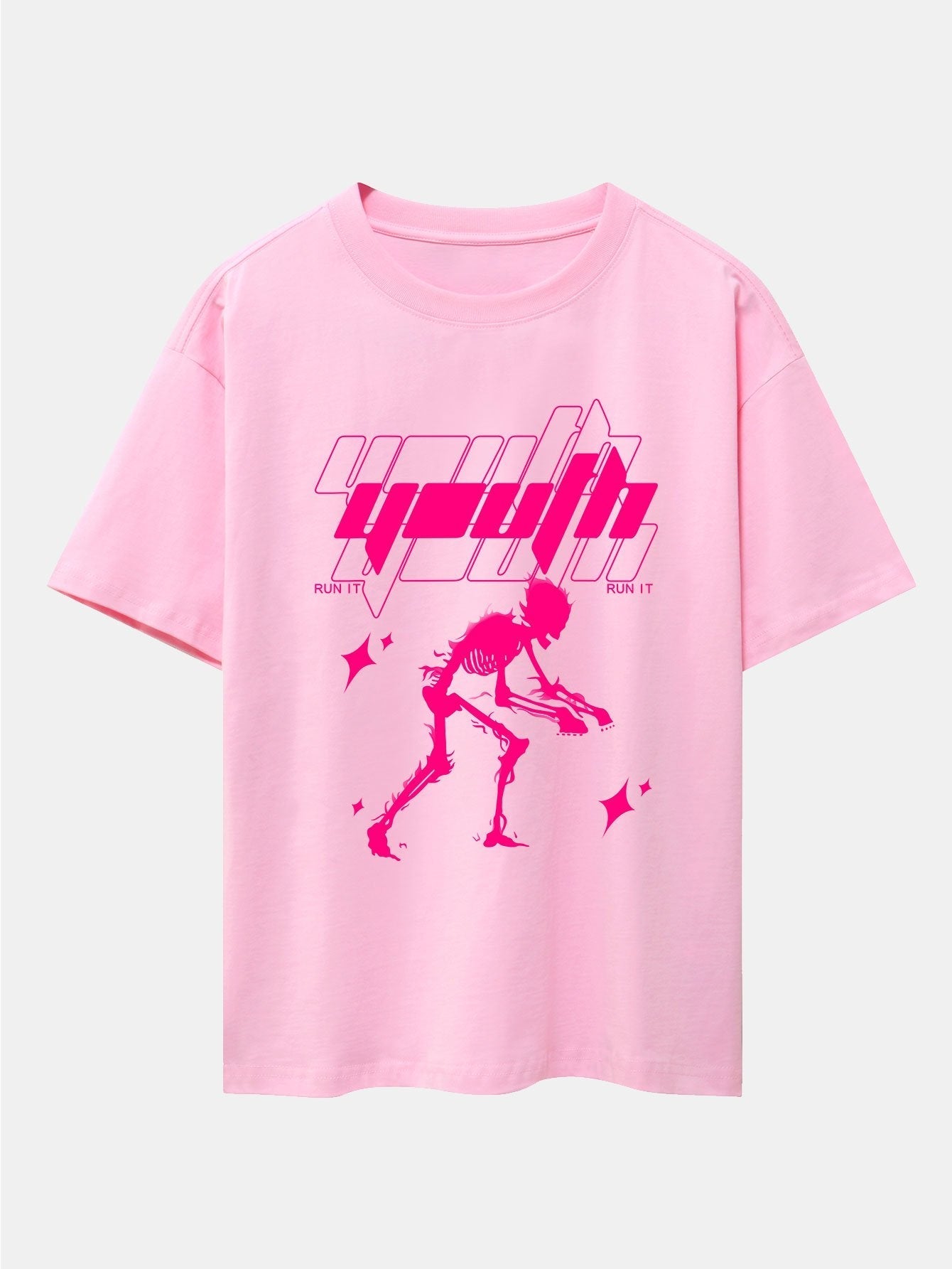 Pink Skeleton Print Drop Shoulder Oversize T-Shirt