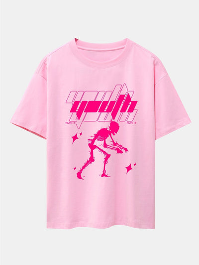 Pink Skeleton Print Drop Shoulder Oversize T-Shirt