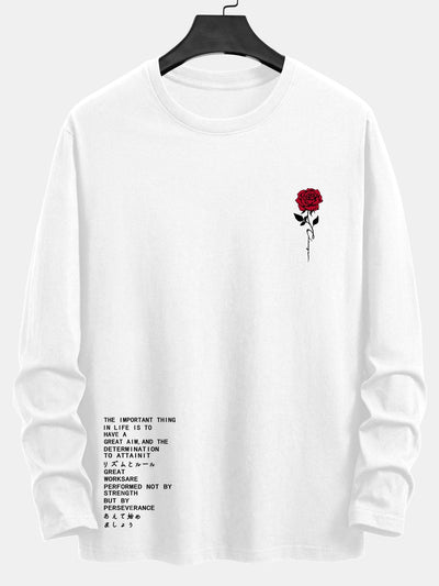 Long Sleeve Slogon Rose Print Cotton T-Shirt