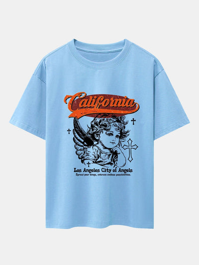 California Angel Print Drop Shoulder Oversize T-Shirt