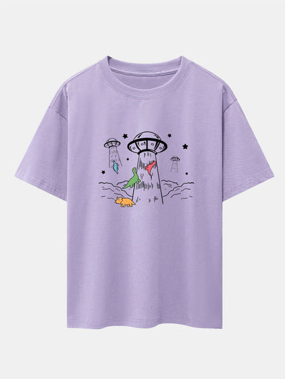 UFO Take Away Dinosaurs Print Drop Shoulder Oversize T-Shirt