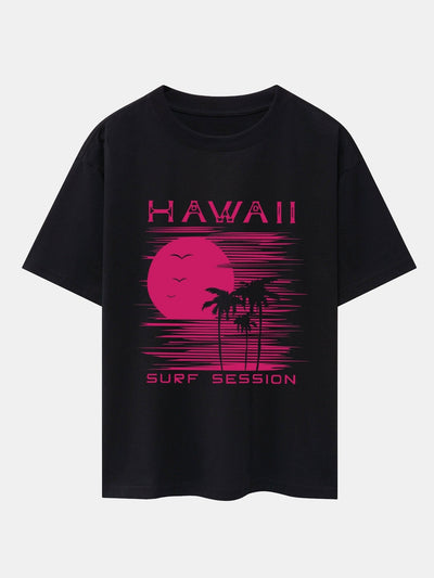Hawaii Sun Palm Trees Print Drop Shoulder Oversize T-Shirt