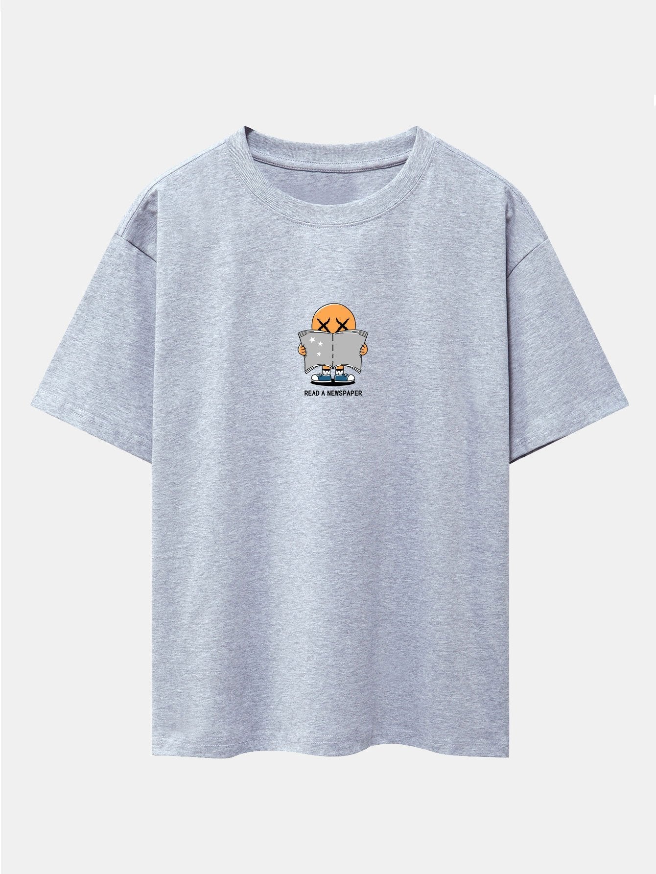 Cartoon Smiley Read Newspaper Print Drop Shoulder Oversize T-Shirt