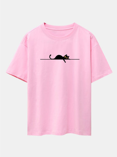 Black Cat Print Drop Shoulder Oversize T-Shirt