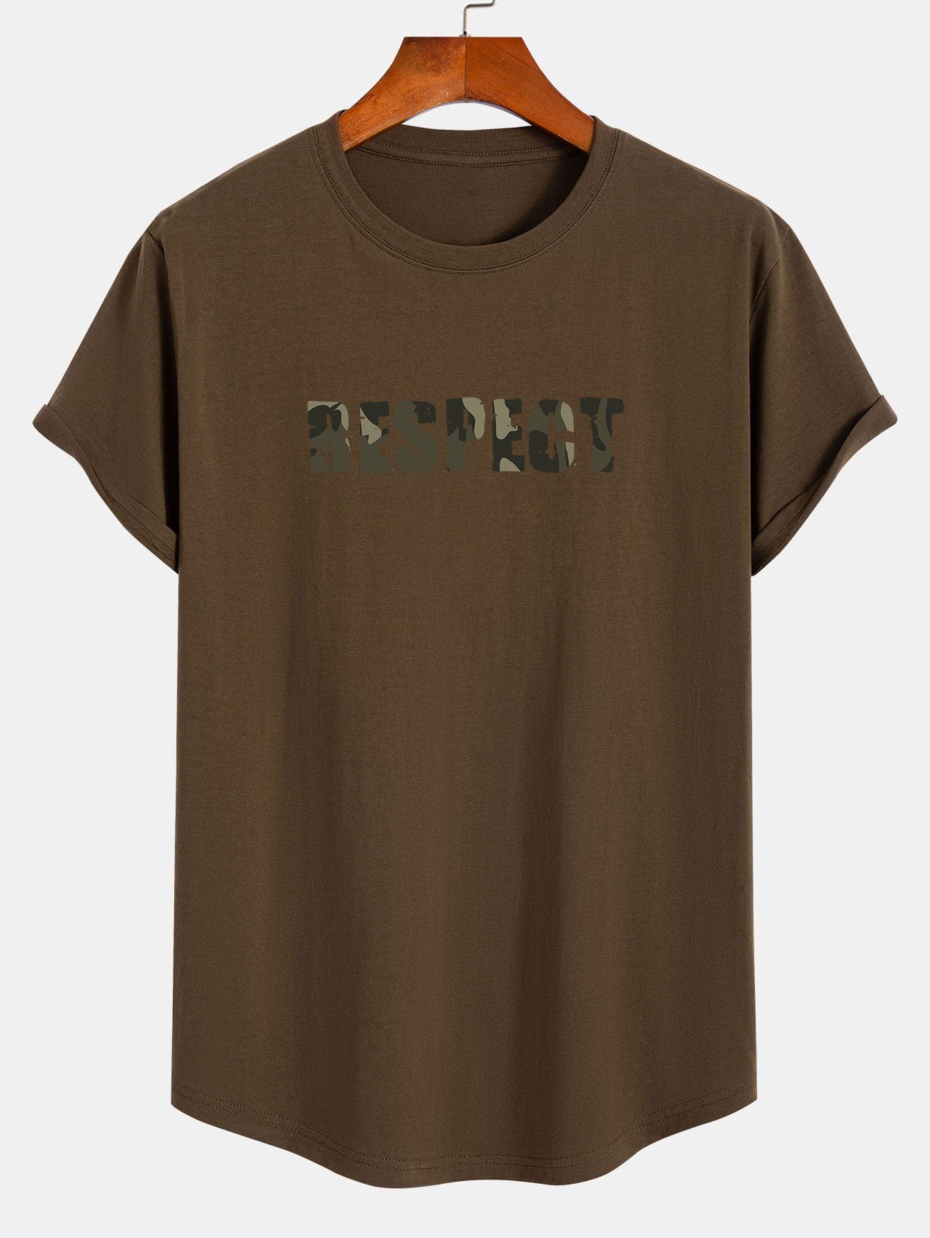Camouflage Respect Print Cotton Arc Hem T-Shirt