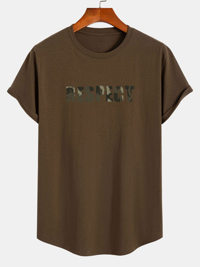 Camouflage Respect Print Cotton Arc Hem T-Shirt