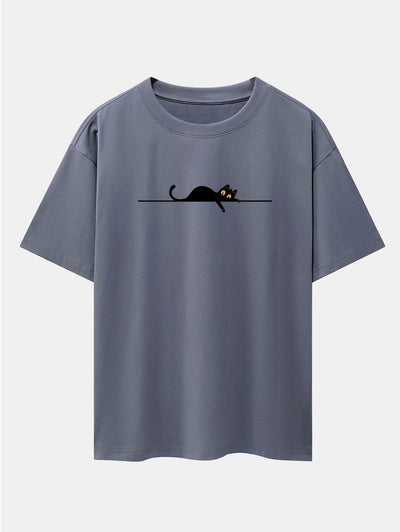 Black Cat Print Drop Shoulder Oversize T-Shirt