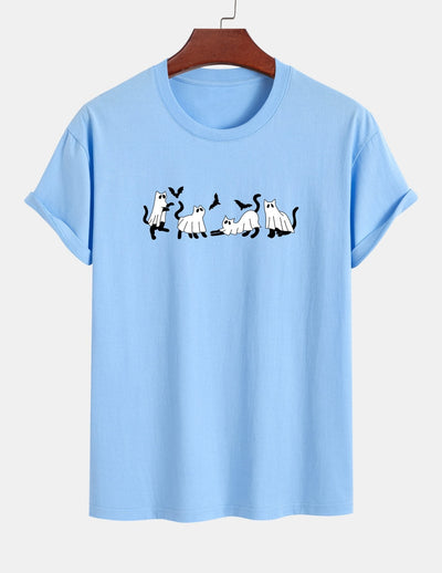 Regular Fit Black Cat Ghost Print Cotton T-Shirt