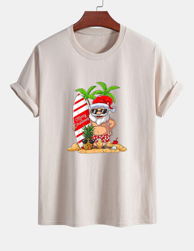 Regular Fit Summer Beach Santa Print Cotton T-Shirt