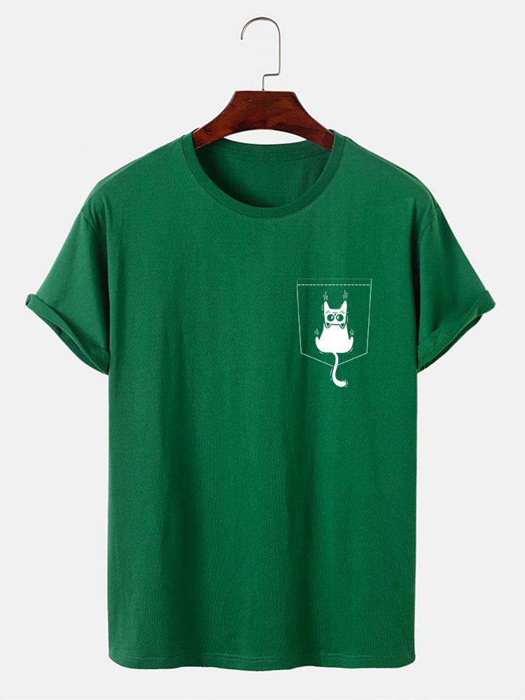 Cat Slipping Out Of Pocket Print T-Shirt