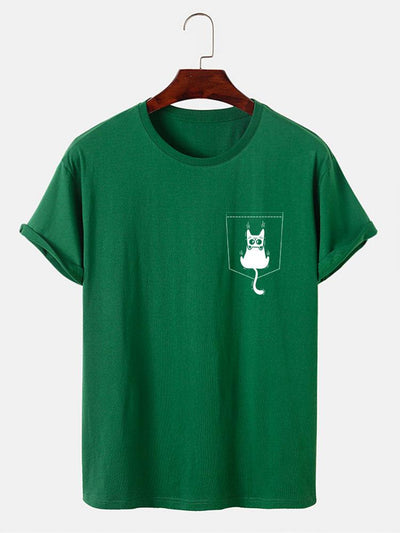 Cat Slipping Out Of Pocket Print T-Shirt