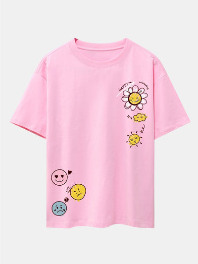 Sun And Flowers Print Drop Shoulder Oversize T-Shirt