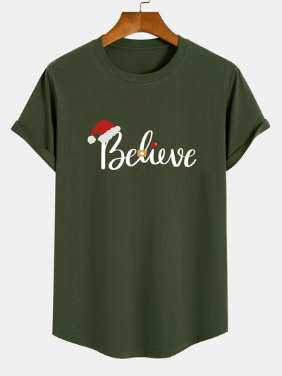 Christmas Believe Print Cotton Arc Hem T-Shirt