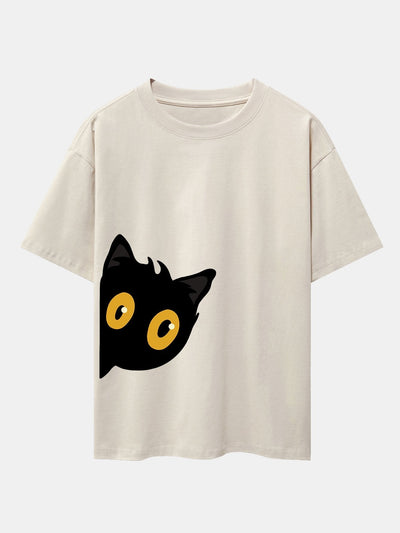 Black Cat Is Watching Print Drop Shoulder Oversize T-Shirt