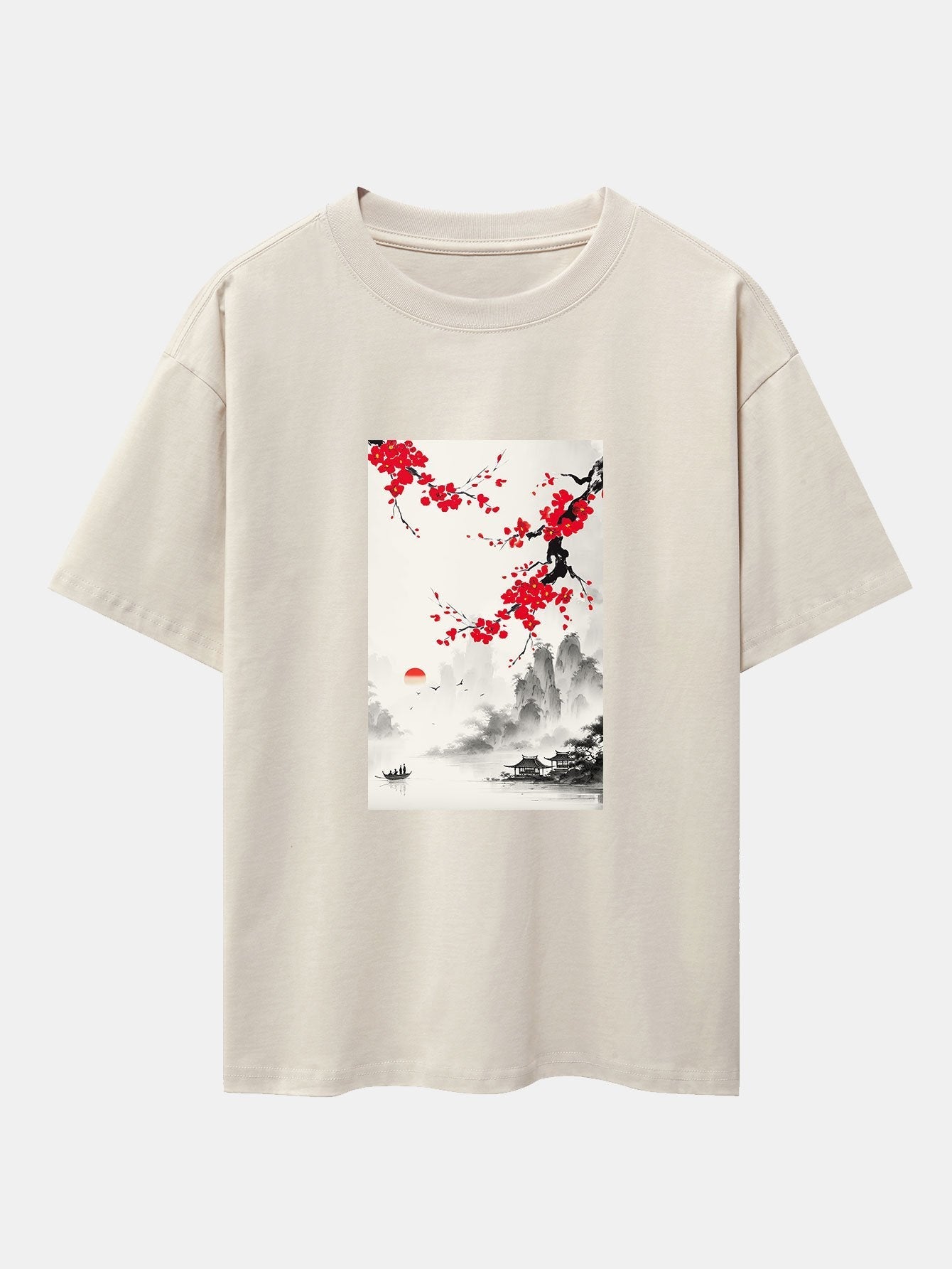 Flower Ink Landscape Print Drop Shoulder Oversize T-Shirt