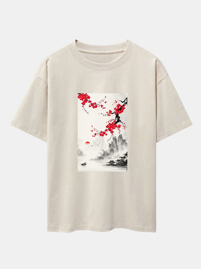 Flower Ink Landscape Print Drop Shoulder Oversize T-Shirt
