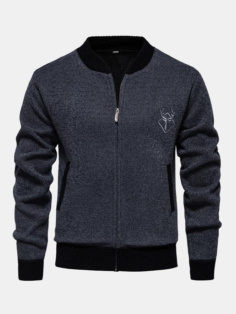 Elk Embroidered Contrast Baseball Collar Sweater