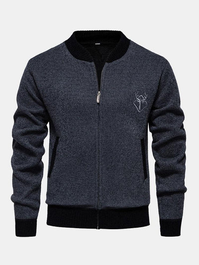 Elk Embroidered Contrast Baseball Collar Sweater