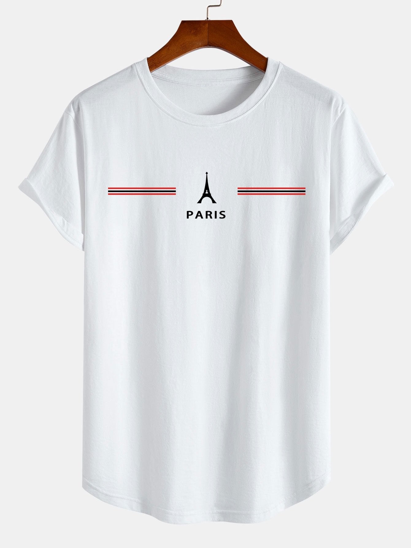 Paris Stripes Print Cotton Arc Hem T-Shirt