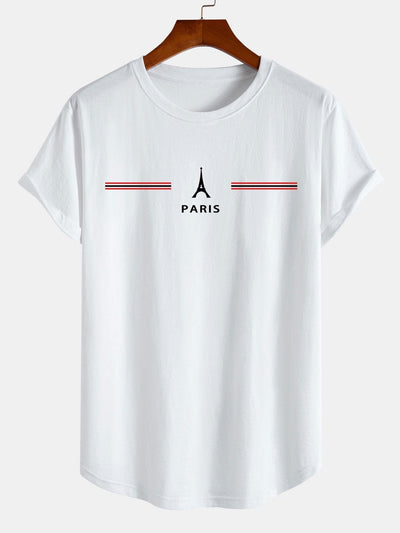 Paris Stripes Print Cotton Arc Hem T-Shirt