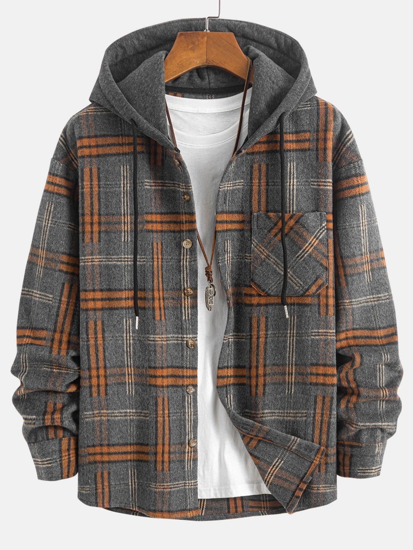 Relax Fit Heavy Weight Flannel Plaid Hooded Shirt
