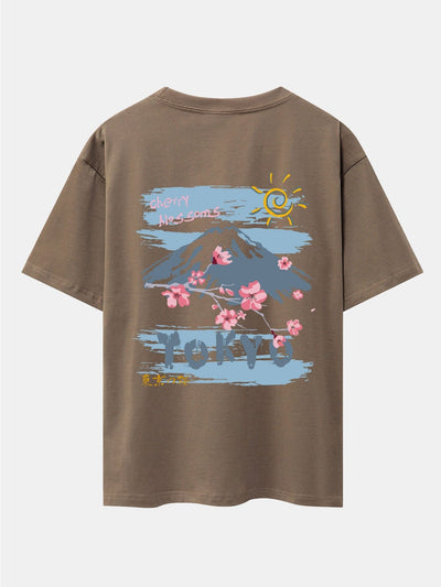 Mountain Cherry Blossoms Back Print Oversize T-Shirt