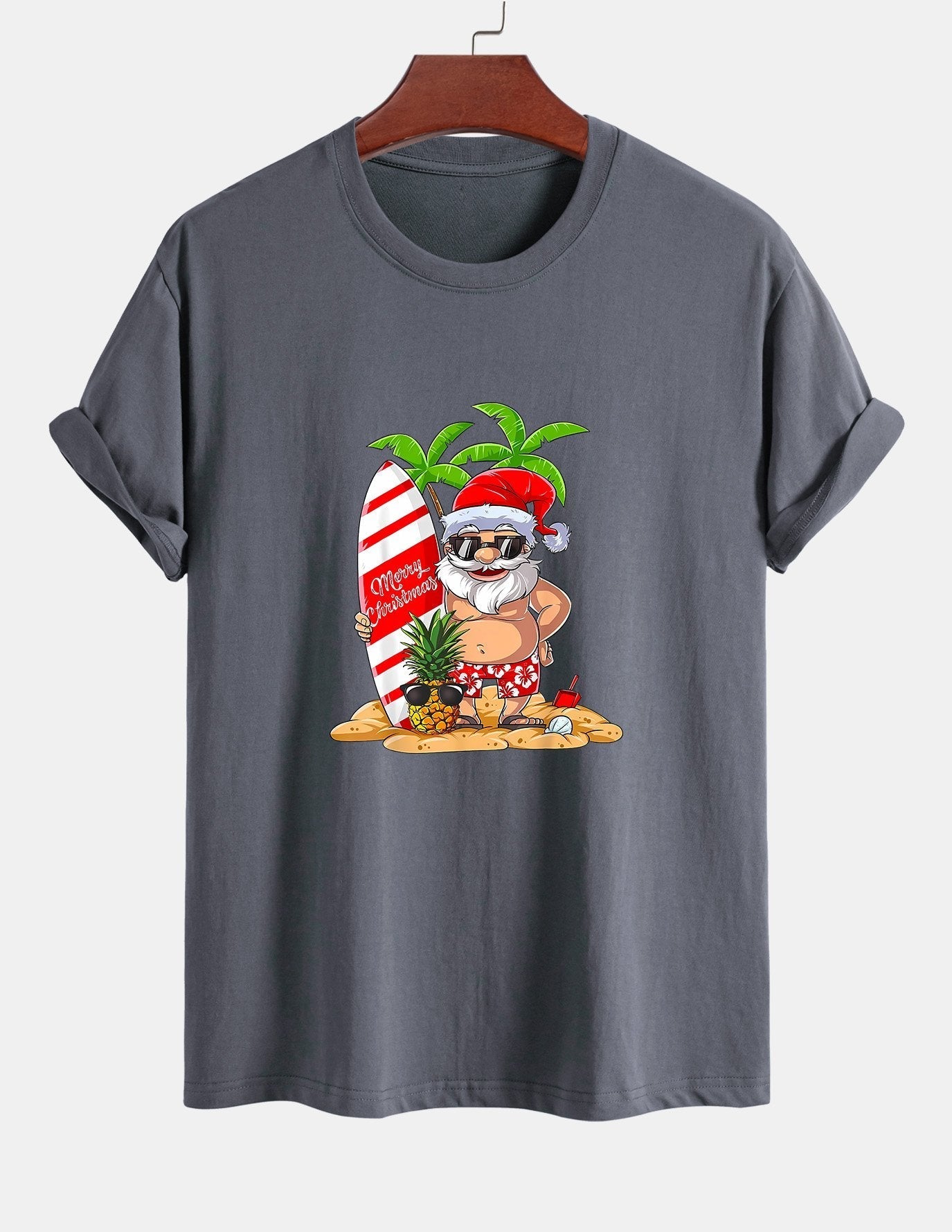 Regular Fit Summer Beach Santa Print Cotton T-Shirt