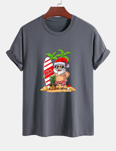 Regular Fit Summer Beach Santa Print Cotton T-Shirt