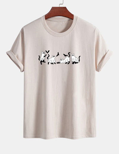 Regular Fit Black Cat Ghost Print Cotton T-Shirt