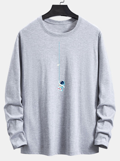 Long Sleeve Astronaut On A Rope Print Cotton T-Shirt