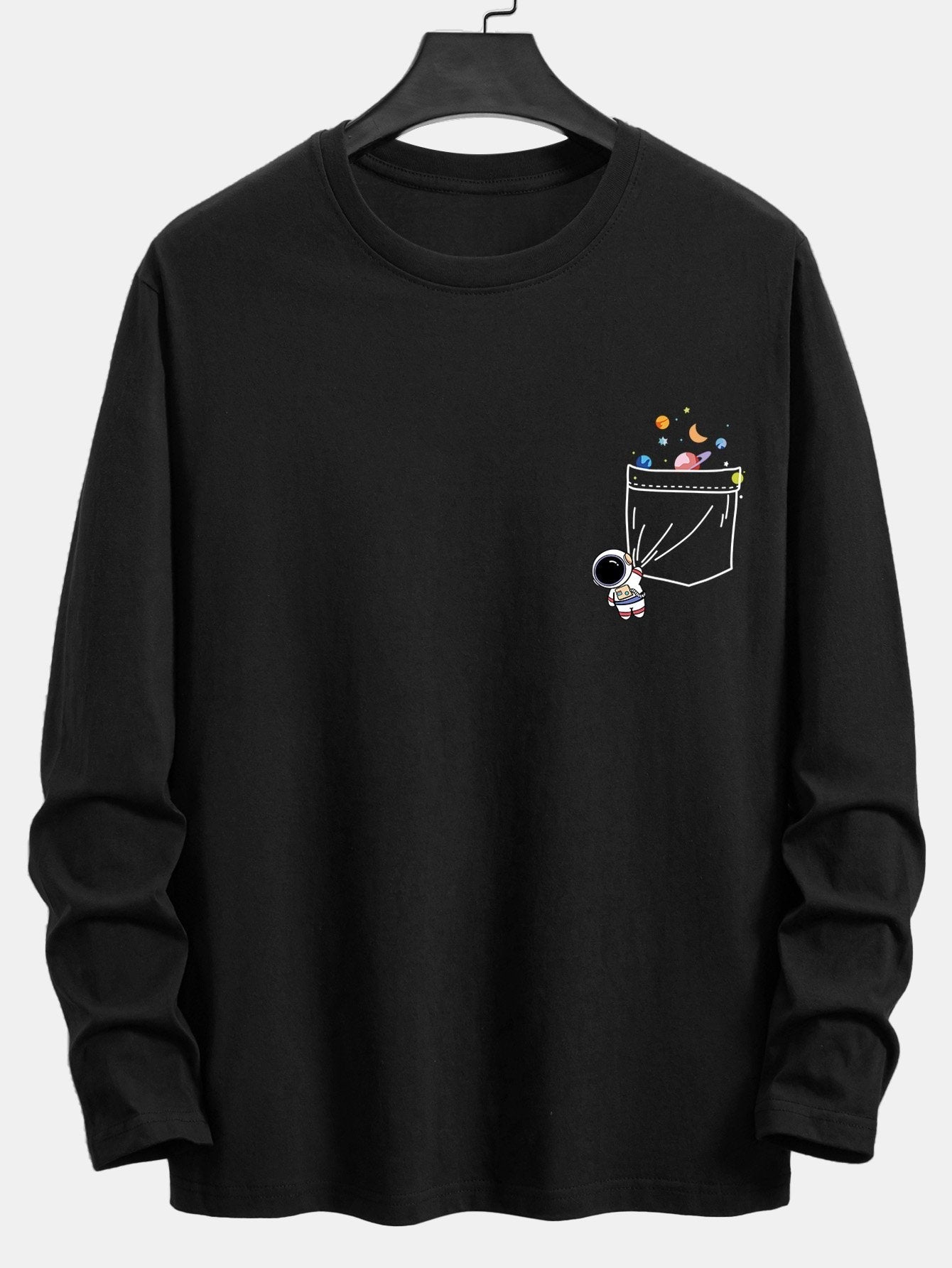 Long Sleeve Pocket Planet Astronaut Print Cotton T-Shirt
