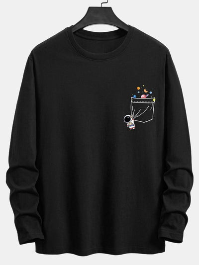 Long Sleeve Pocket Planet Astronaut Print Cotton T-Shirt