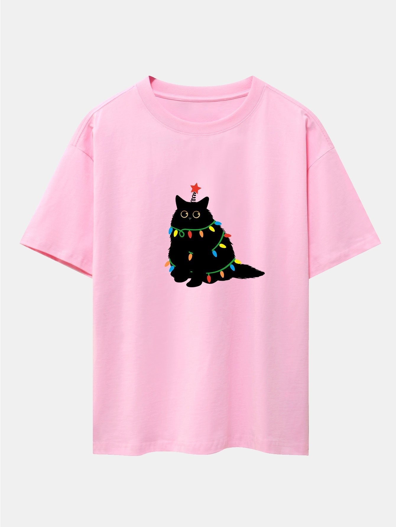 Christmas Lights Black Cat Print Drop Shoulder Oversize T-Shirt