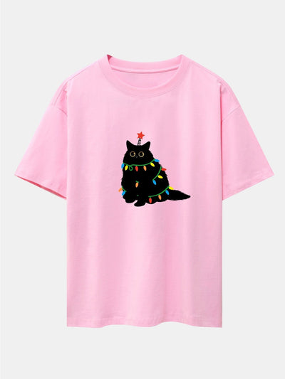Christmas Lights Black Cat Print Drop Shoulder Oversize T-Shirt