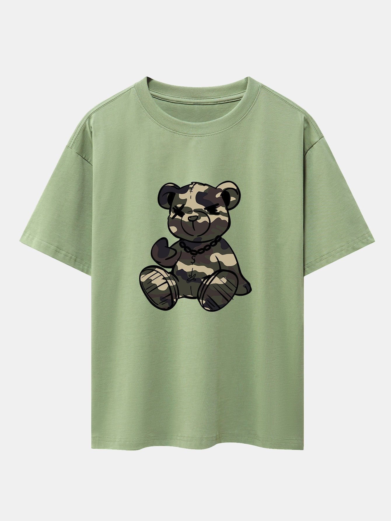 Camouflage Bear Print Drop Shoulder Oversize T-Shirt