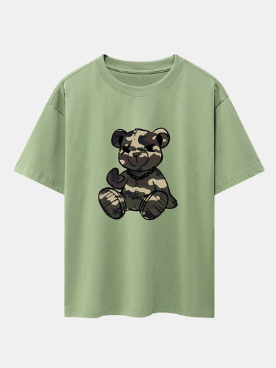 Camouflage Bear Print Drop Shoulder Oversize T-Shirt