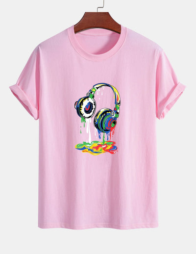 Regular Fit Dissolving Headphones Print Cotton T-Shirt