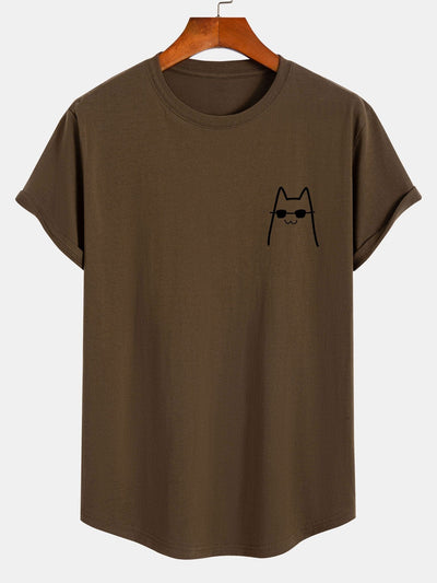 Cat With Sunglasses Print Cotton Arc Hem T-Shirt