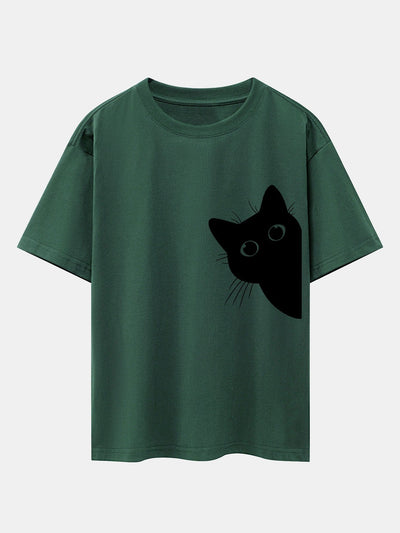 Black Cat Print Drop Shoulder Oversize T-Shirt