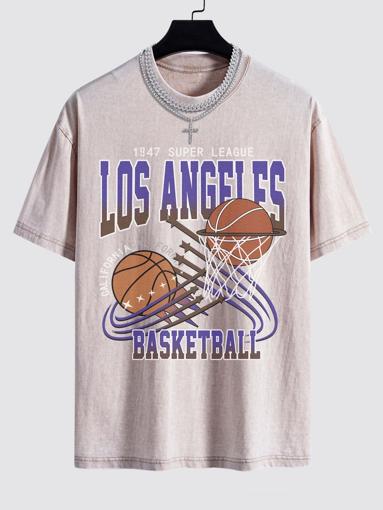 Los Angeles Basketball Print Washed Drop Shoulder Oversize T-Shirt